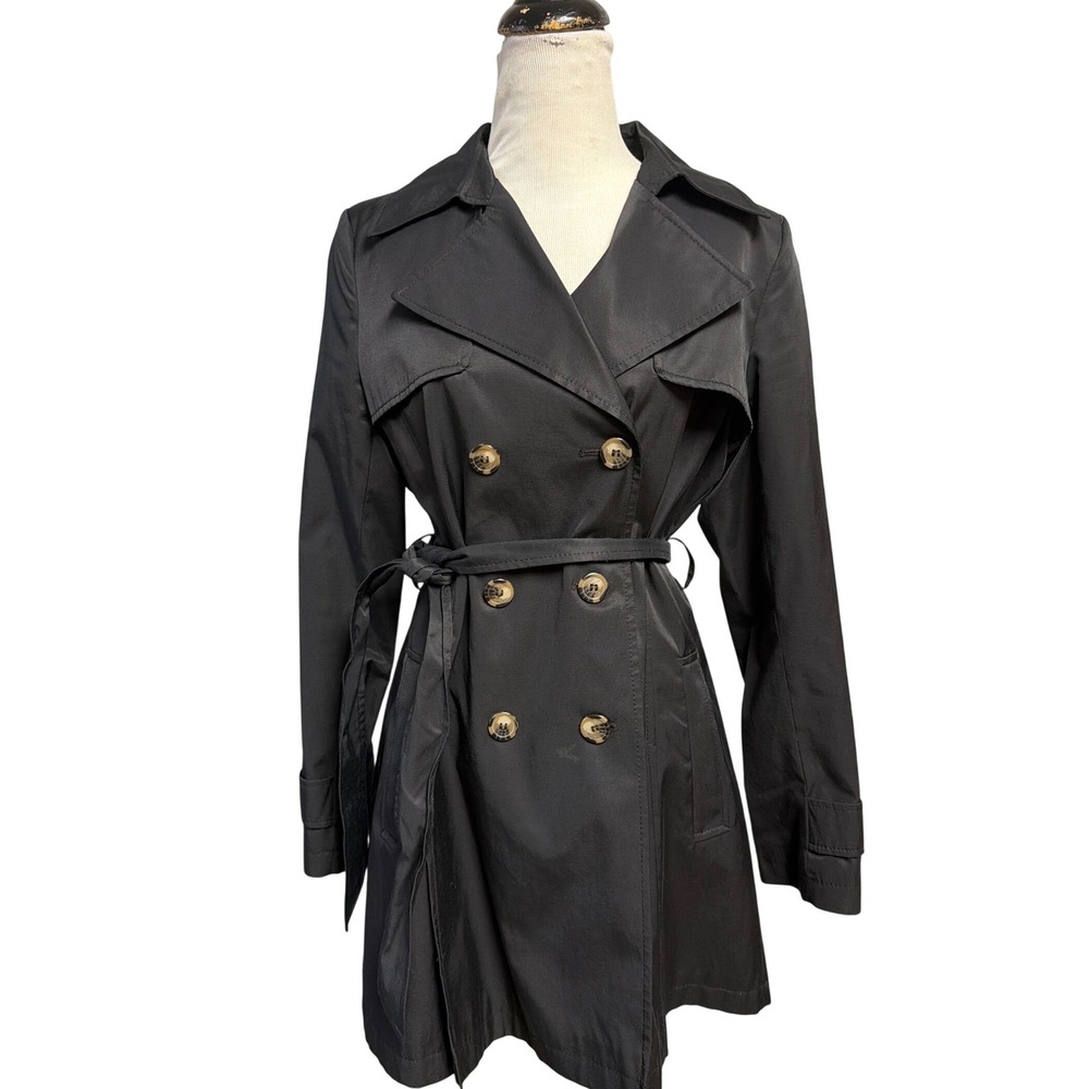 DKNY Womens Black Double Breasted Trench Coat with Detachable Hood Size Medium